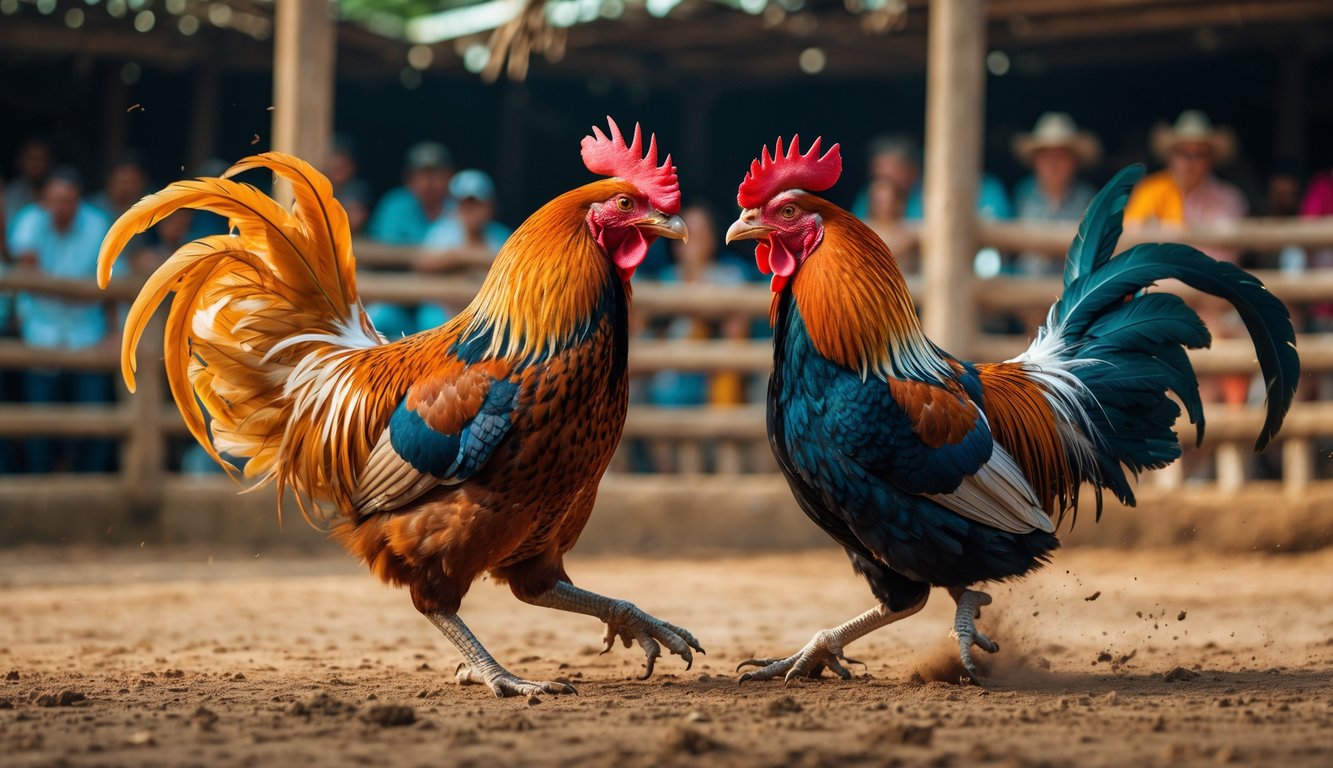 Dua ayam jago sedang bertarung di arena sabung ayam dengan penonton di latar belakang.