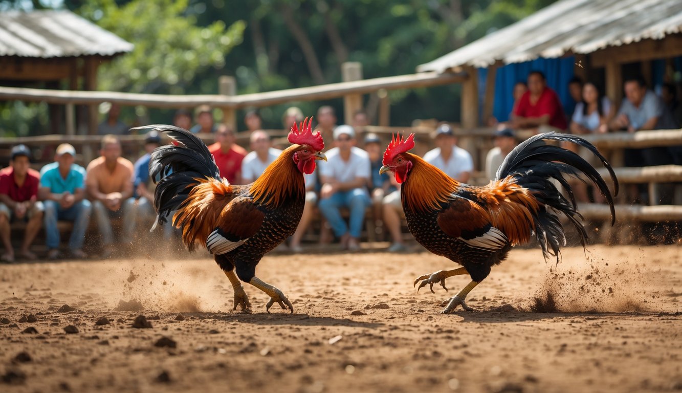 Dua ayam jago sedang bertarung di arena tradisional dengan penonton yang memperhatikan di sekelilingnya.
