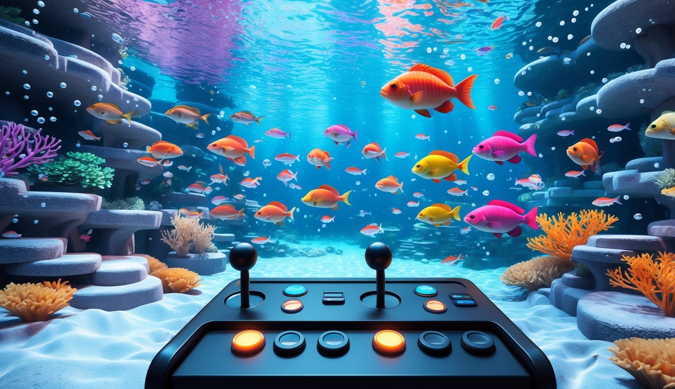 Pemandangan bawah laut dengan berbagai ikan warna-warni dan mesin permainan arkade modern yang menampilkan suasana permainan tembak ikan yang responsif.