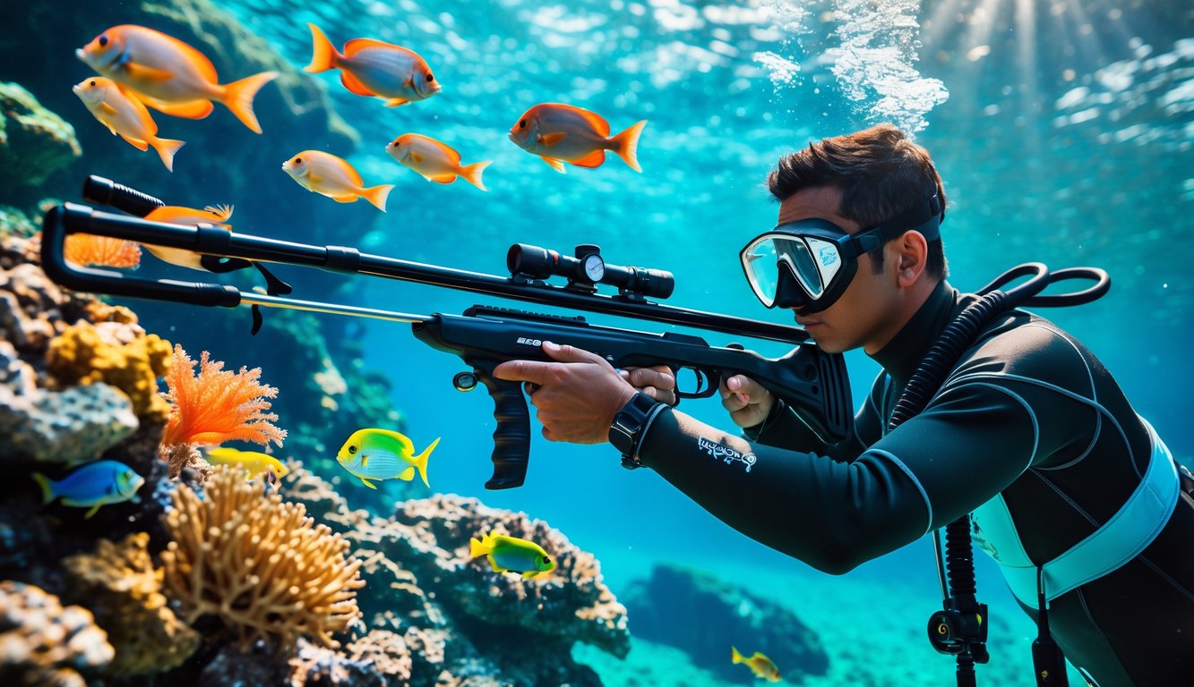 Seorang nelayan profesional sedang menembak ikan dengan senjata bawah air di terumbu karang yang penuh ikan berwarna-warni.