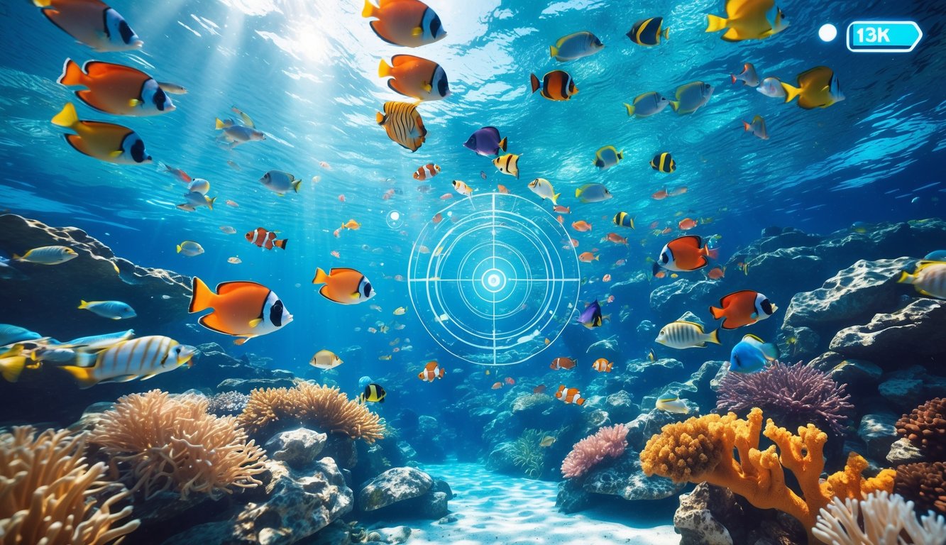 Pemandangan bawah laut dengan terumbu karang berwarna-warni dan berbagai ikan tropis berenang di air jernih.