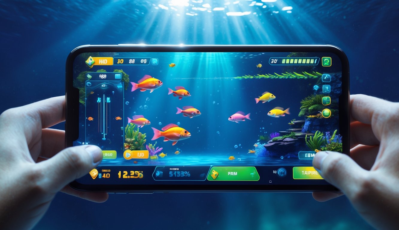 Tampilan layar permainan tembak ikan dengan ikan berwarna-warni dan elemen permainan di latar bawah laut.