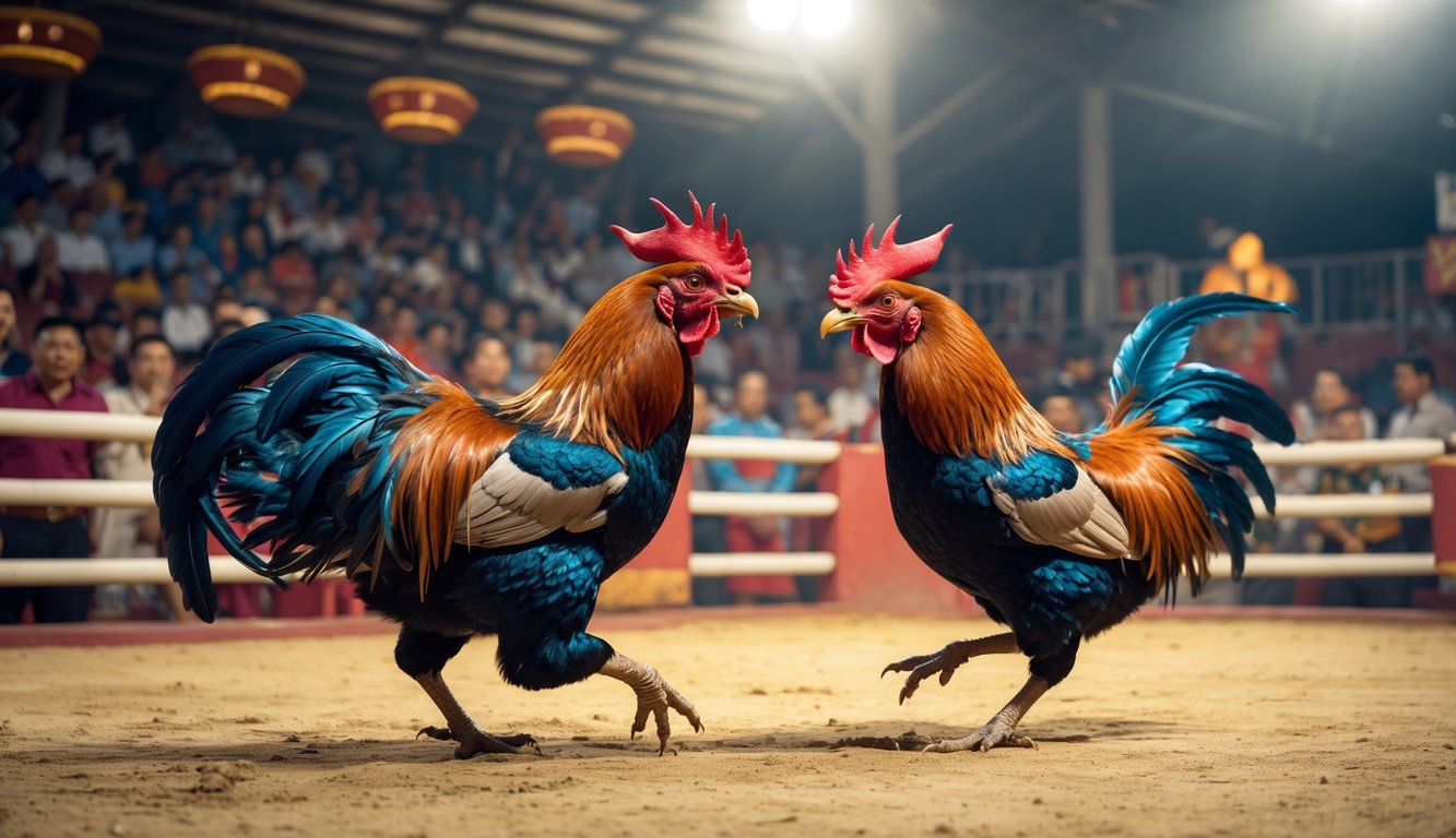 Pertarungan dua ayam jago di arena dengan penonton yang antusias di latar belakang.