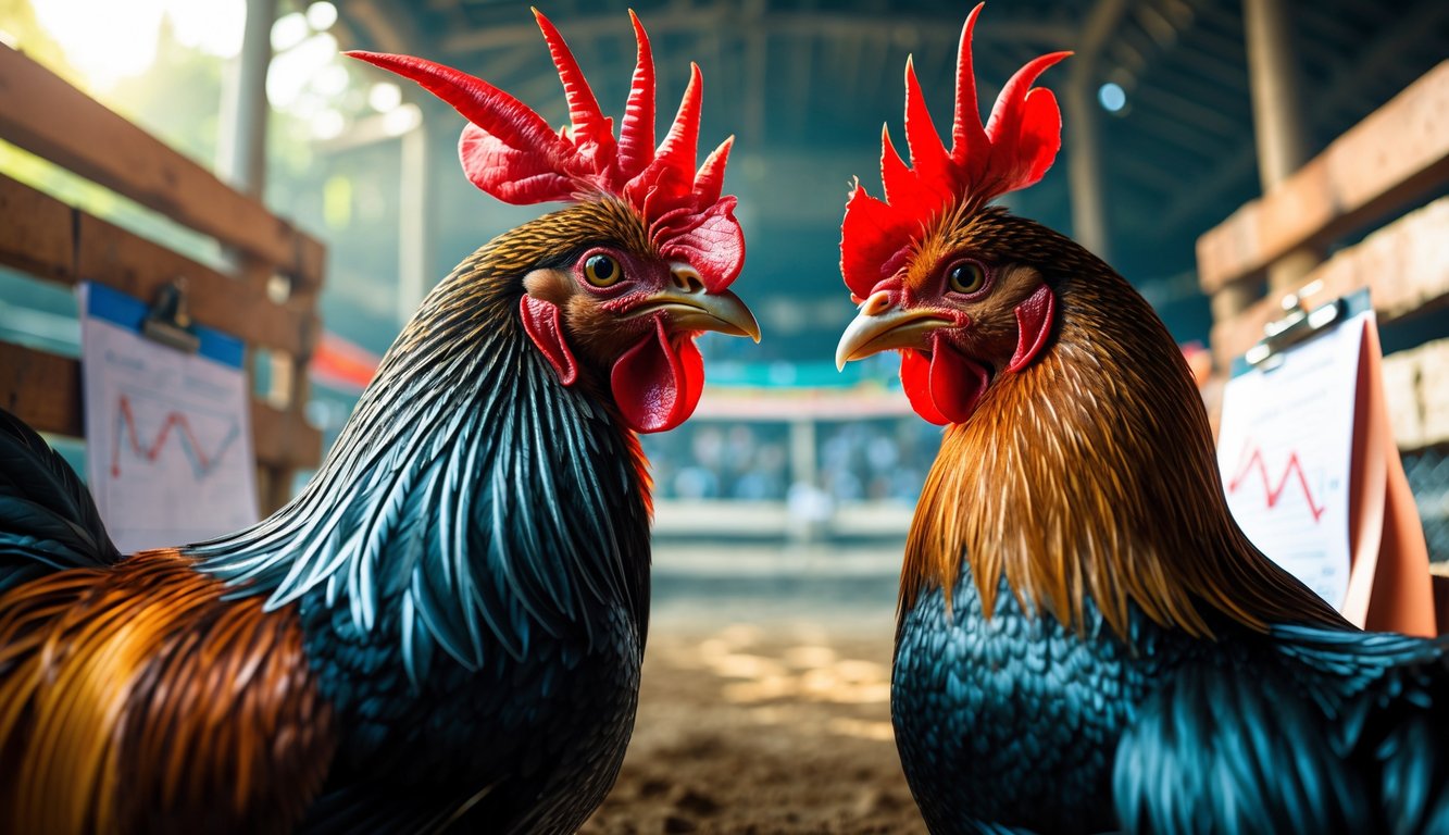 Dua ayam jantan berdiri berhadapan di arena sabung ayam dengan seseorang yang sedang mencatat hasil analisis performa ayam.