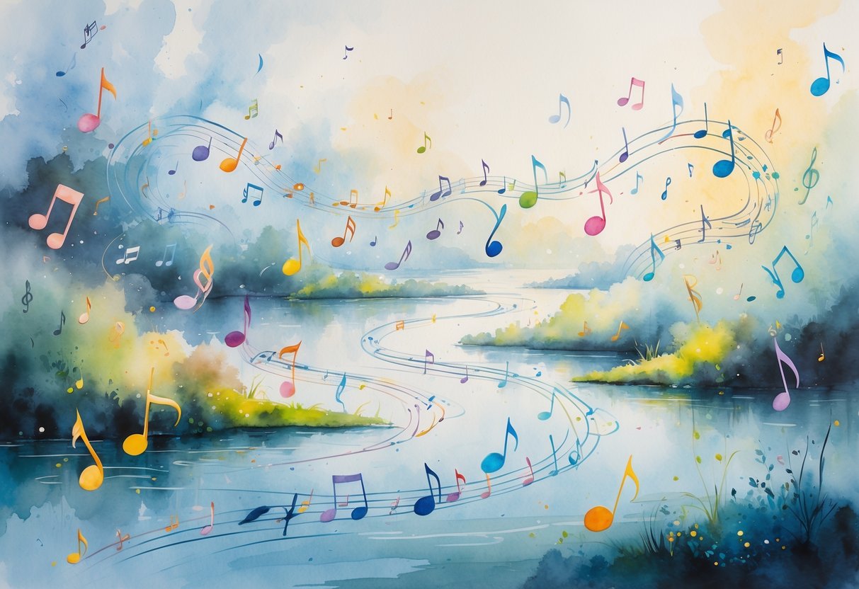 Slika prikazuje rijeku glazbenih nota koje teku kroz sanjivi krajolik s instrumentima u pozadini.