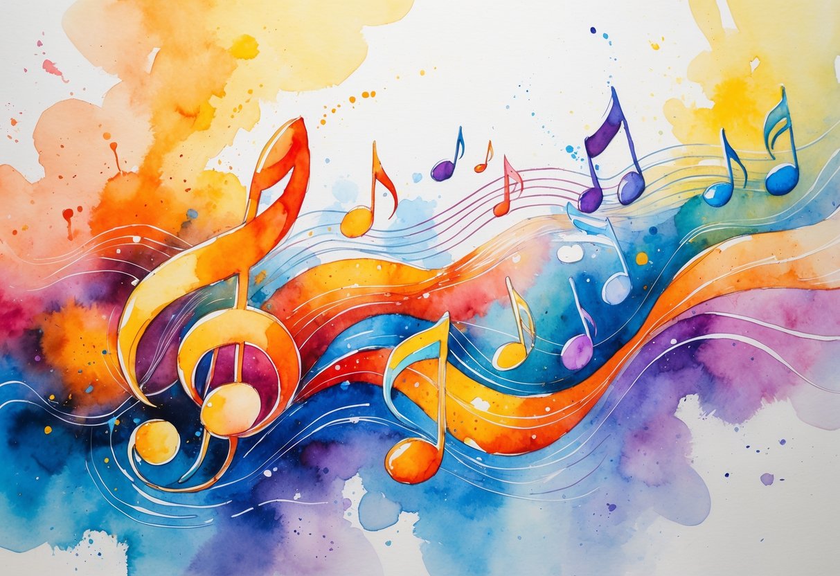 Apstraktna scena s glazbenim notama i valovima koji se isprepliću, prikazujući utjecaj harmonije, melodije i ritma na raspoloženje.