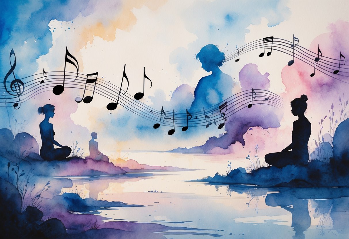 Apstraktni prizor s ljudskim siluetama i glazbenim notama u mirnom okruženju koje prikazuje povezanost uma i glazbe.