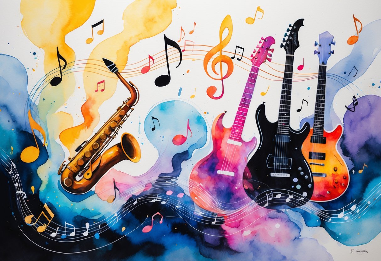Apstraktna scena koja prikazuje različite glazbene žanrove kroz oblike glazbenih instrumenata i boje koje se međusobno stapaju.