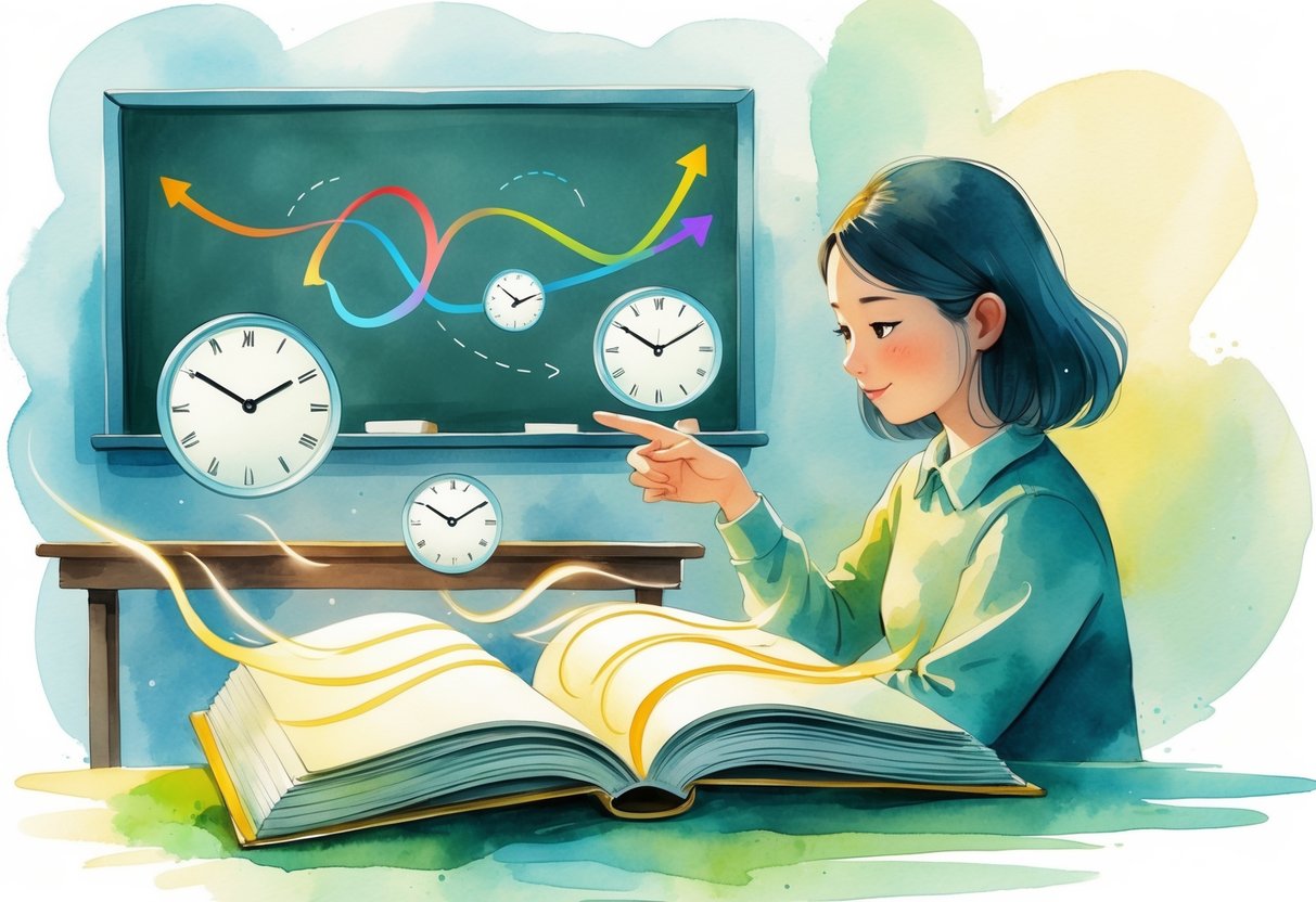 Učiteljica pokazuje na otvorenu knjigu u učionici s plutajućim satovima i apstraktnim strelicama koje predstavljaju trajanje i kontinuiranu radnju.