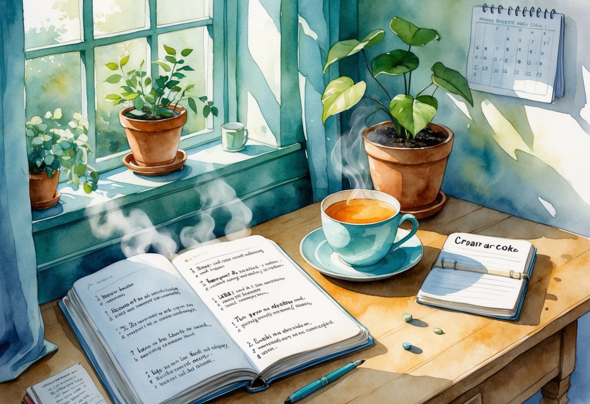 Ugodan radni prostor s otvorenom bilježnicom, šalicom čaja i biljkama na stolu pored prozora.