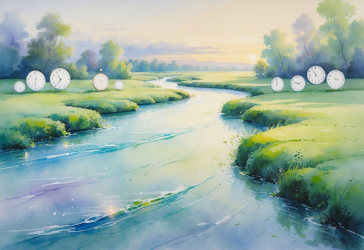 Rijeka koja polako teče kroz prirodni krajolik s drvećem i satovima uz obalu, simbolizirajući protok vremena i trajanje radnje.