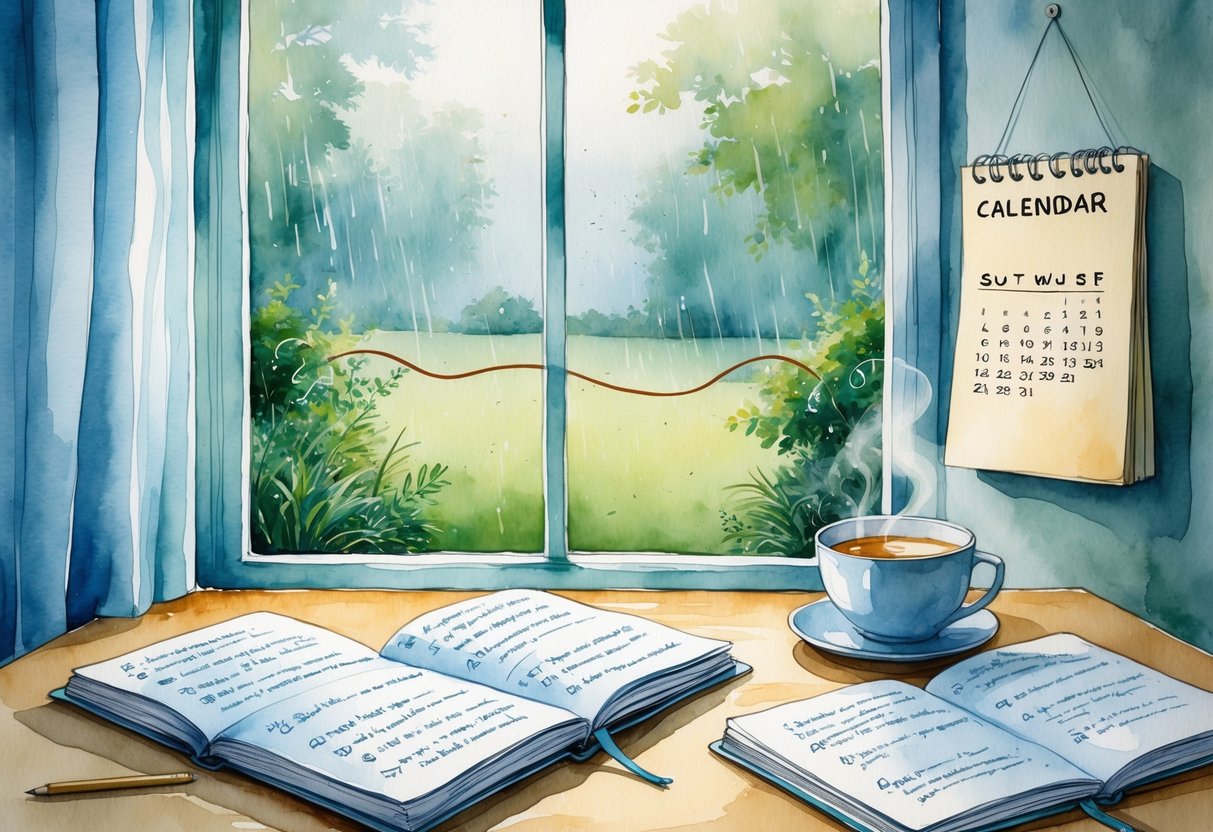 Radni stol kraj prozora s bilježnicama, šalicom čaja i kalendarom, dok vani pada kiša na vrt.