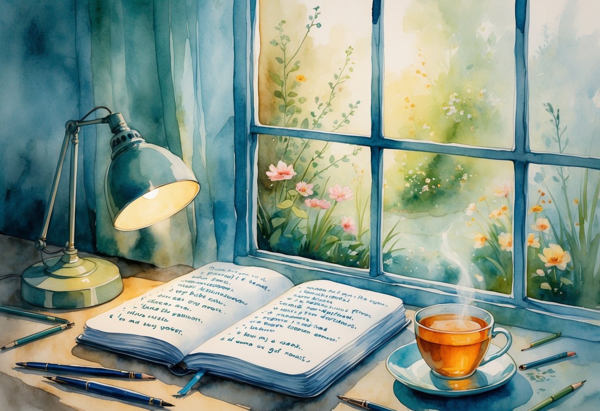 Radni stol s otvorenom bilježnicom, olovkama i šalicom čaja pored prozora s pogledom na vrt.