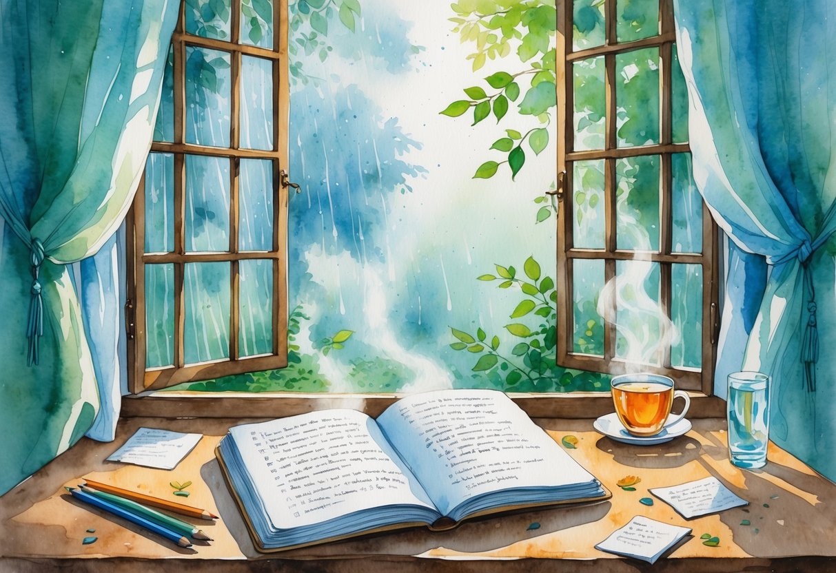 Mirna soba za učenje s otvorenim prozorom kroz koji se vidi blaga kiša, stol s bilježnicom, bojicama i šalicom čaja.