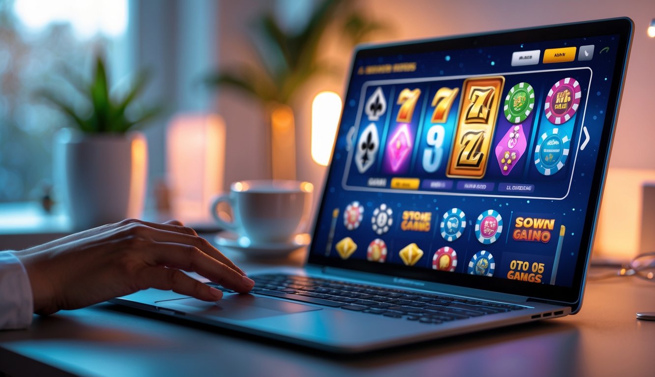 Seseorang menggunakan laptop dengan layar menampilkan permainan judi online di meja kerja yang nyaman dan tenang.