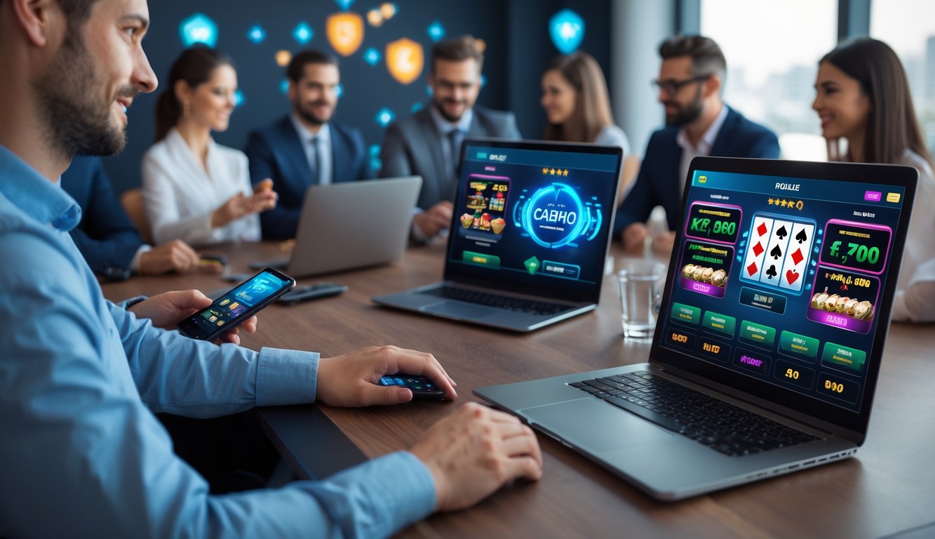 Beberapa orang menggunakan perangkat digital untuk bermain judi online di lingkungan yang modern dan profesional.