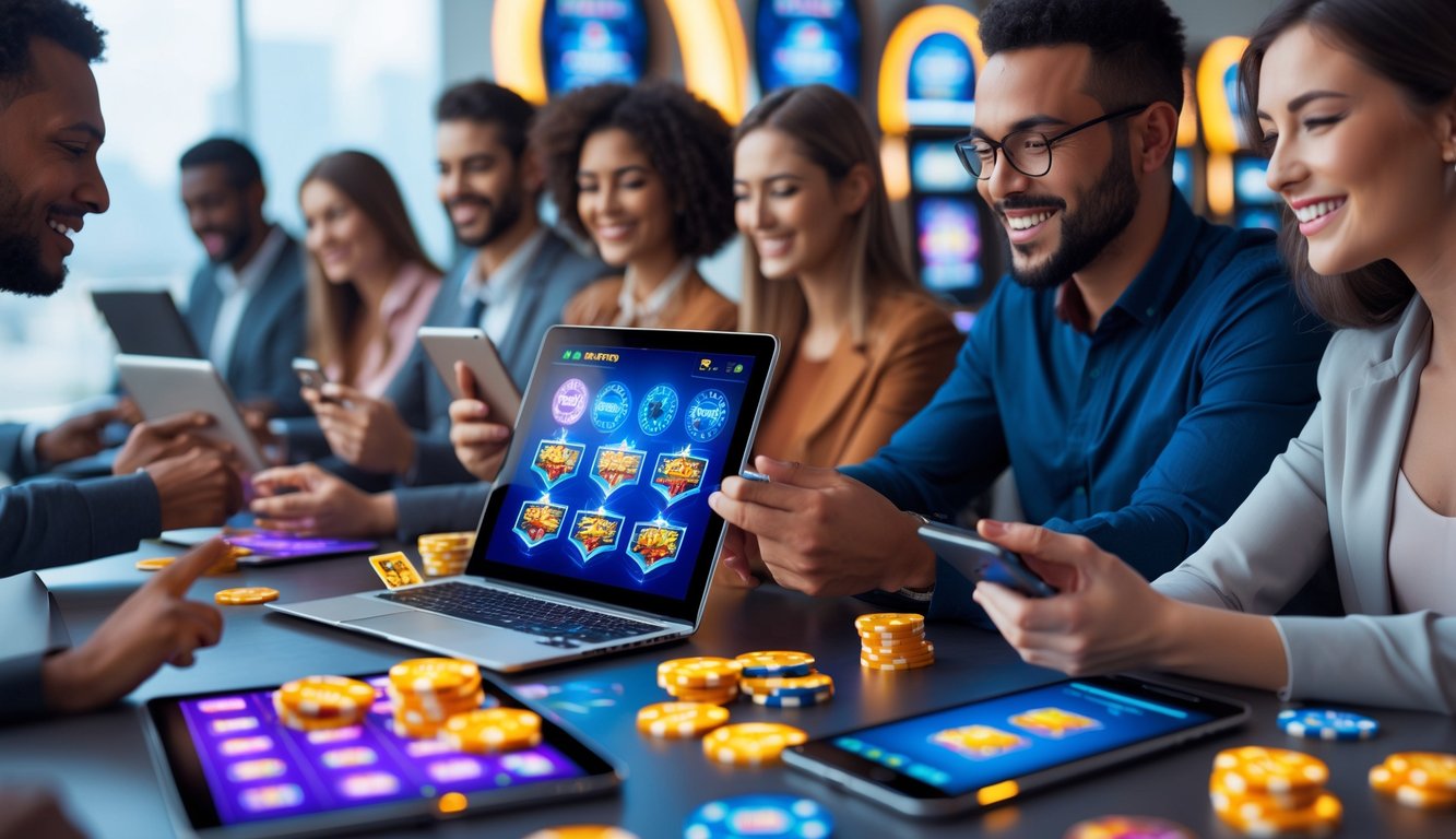 Beberapa orang menggunakan perangkat elektronik untuk bermain permainan judi online di lingkungan yang modern dan terang.