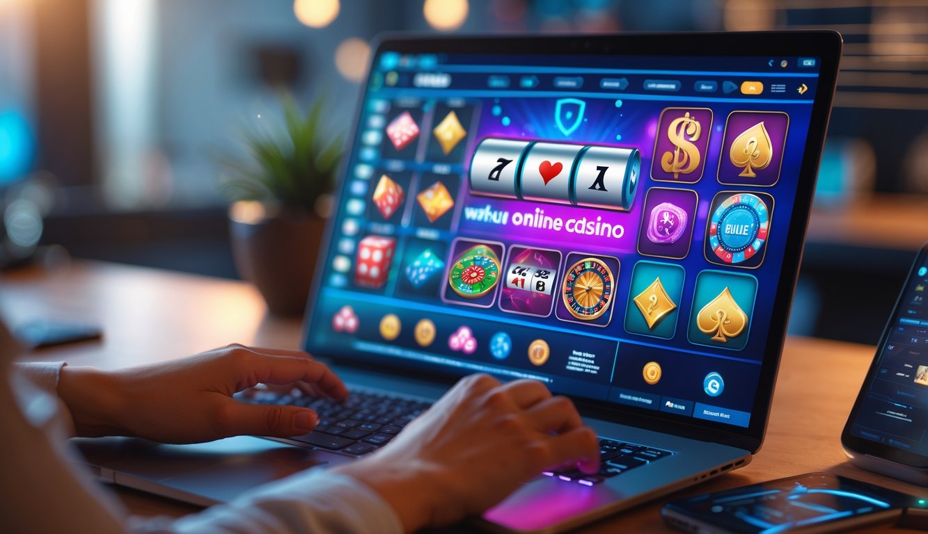 Orang menggunakan komputer dengan layar menampilkan berbagai permainan judi online populer di lingkungan kerja modern.