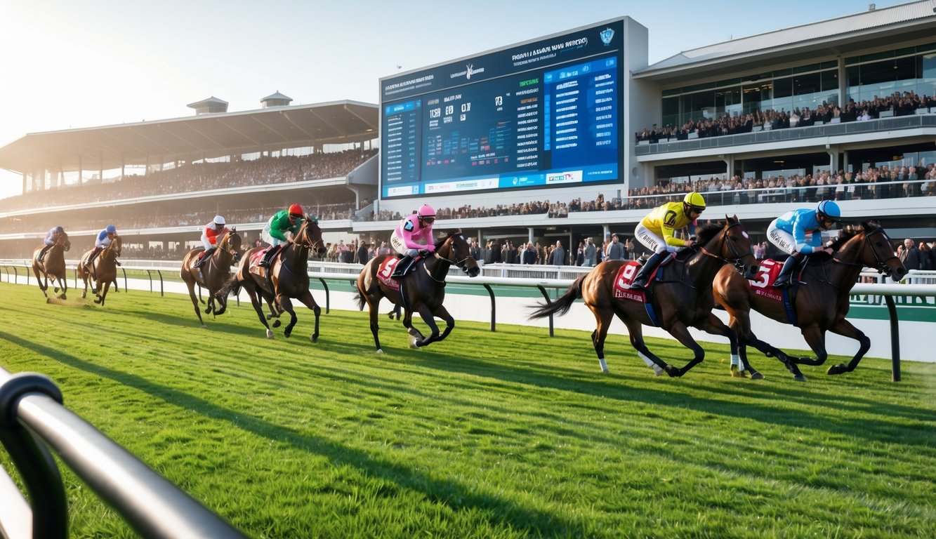 Arena pacu kuda dengan beberapa kuda dan joki sedang berlomba, papan skor digital menampilkan data balapan, penonton antusias di tribun.