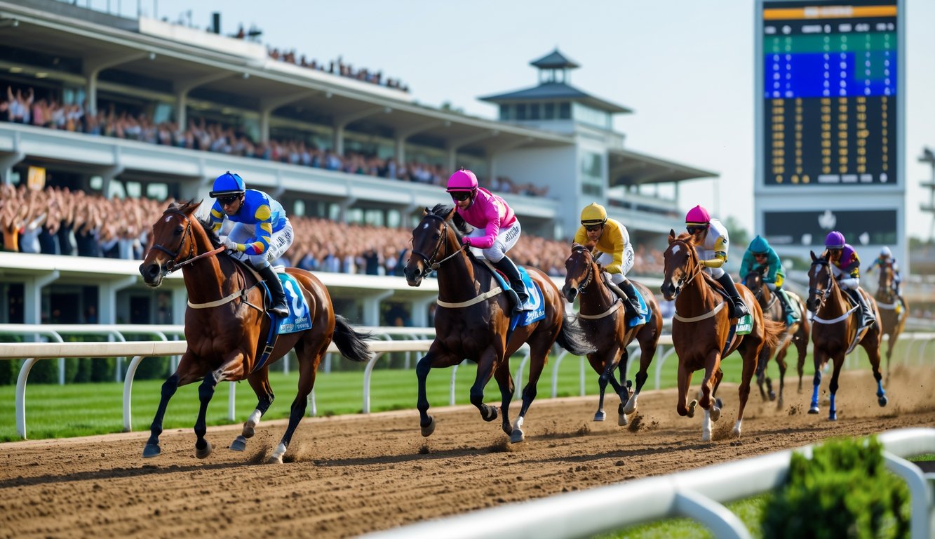 Beberapa kuda pacu dengan joki berwarna-warni sedang berlari di lintasan balap dengan penonton di tribun dan layar digital menampilkan informasi taruhan.