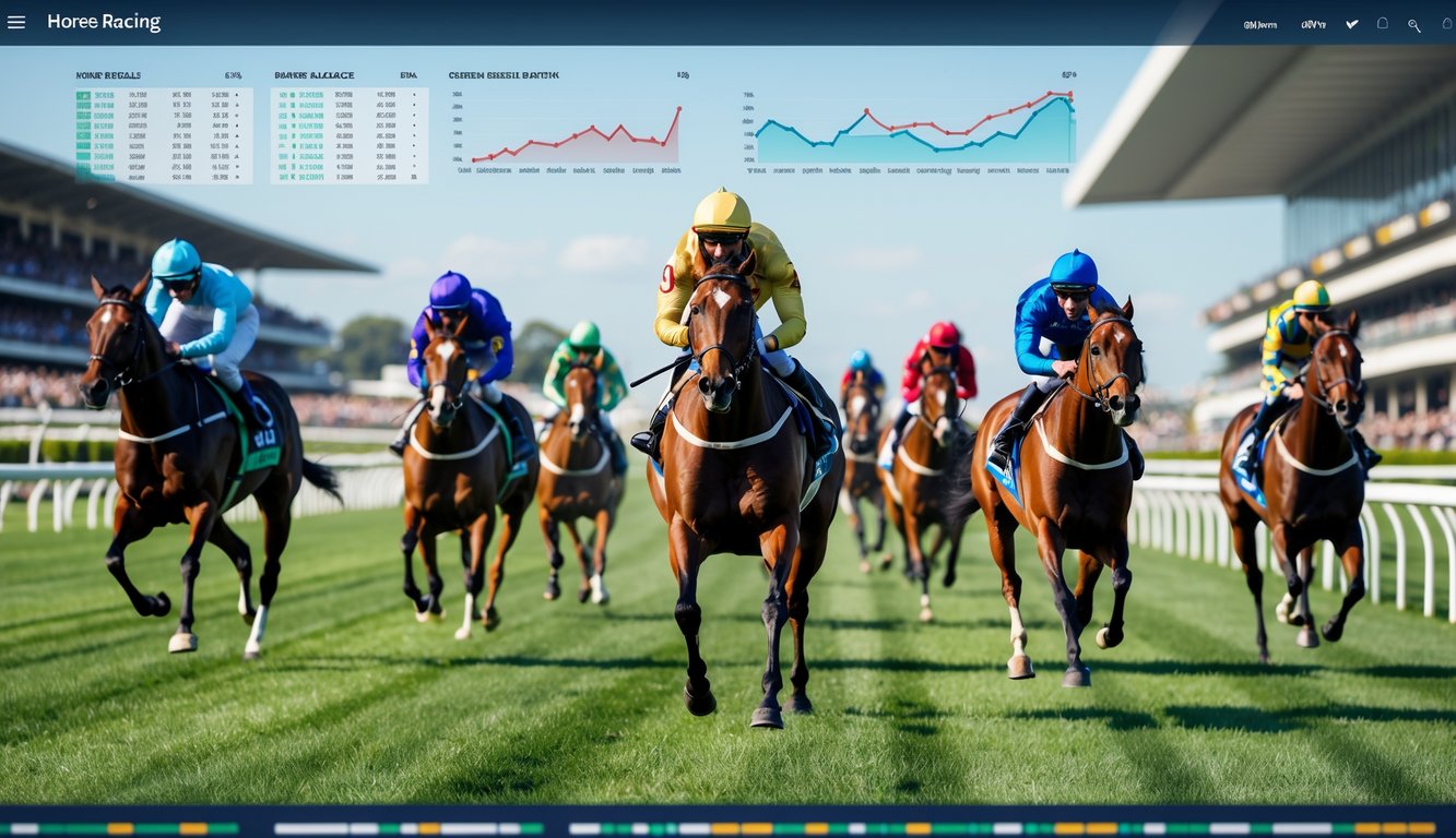 Adegan balap kuda dengan beberapa kuda dan joki berlari di lintasan, penonton di tribun, dan grafik statistik transparan di latar depan.