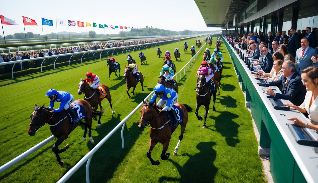 Lomba pacuan kuda internasional dengan joki dan penonton yang bersemangat di sebuah arena balap yang ramai.
