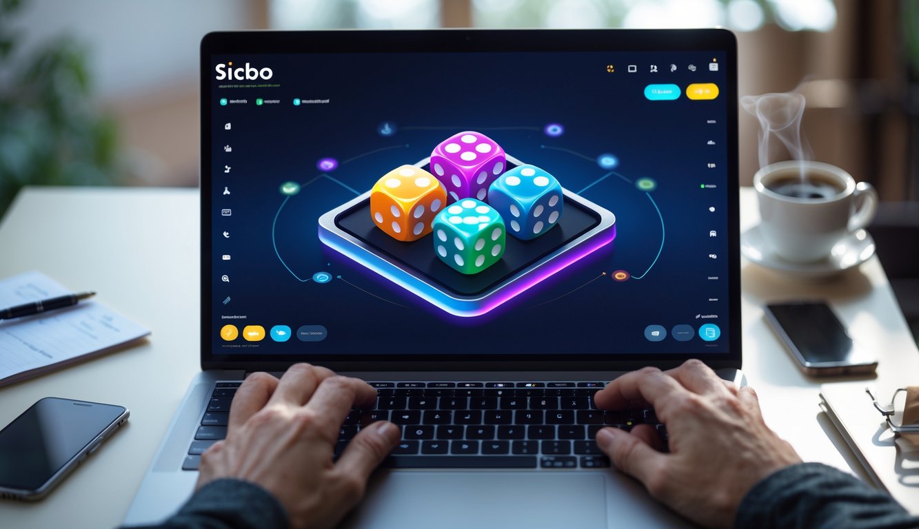 Seseorang menggunakan laptop dengan tampilan meja dadu digital Sicbo online yang interaktif di layar.