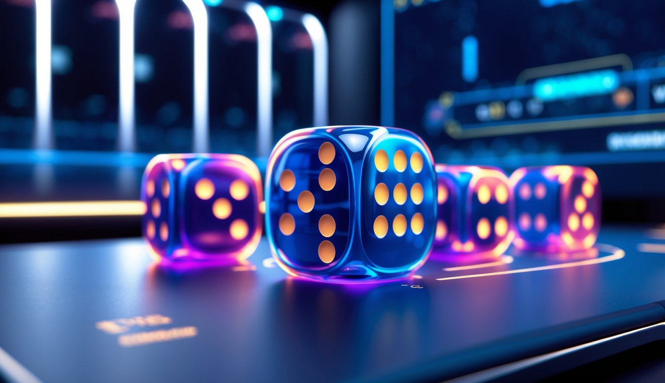 Tampilan layar komputer menampilkan permainan Sicbo online dengan dadu 3D yang sedang bergulir dalam suasana kasino digital modern.