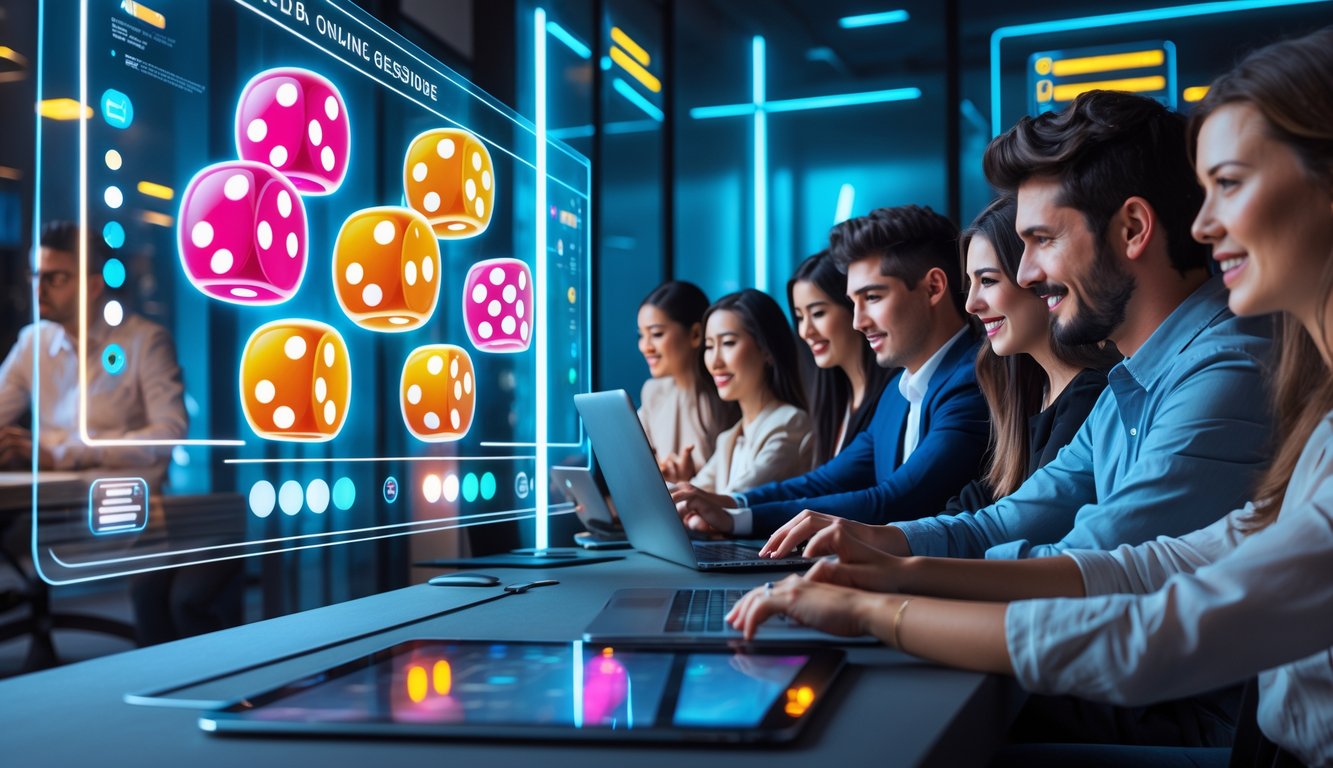 Orang-orang muda sedang bermain permainan dadu digital di layar sentuh modern dalam ruangan bergaya kontemporer.