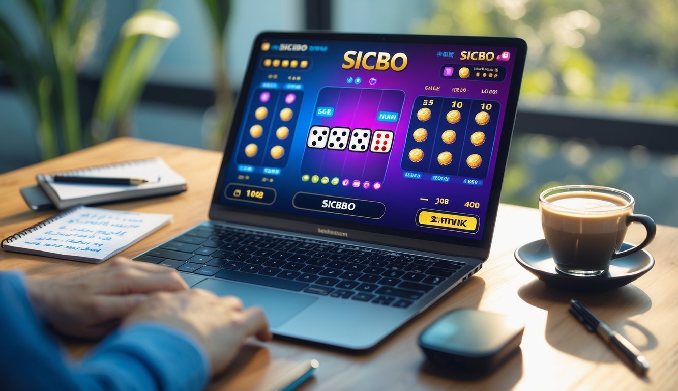 Seseorang sedang bermain permainan Sicbo online di laptop dengan catatan dan pena di meja kayu yang rapi.