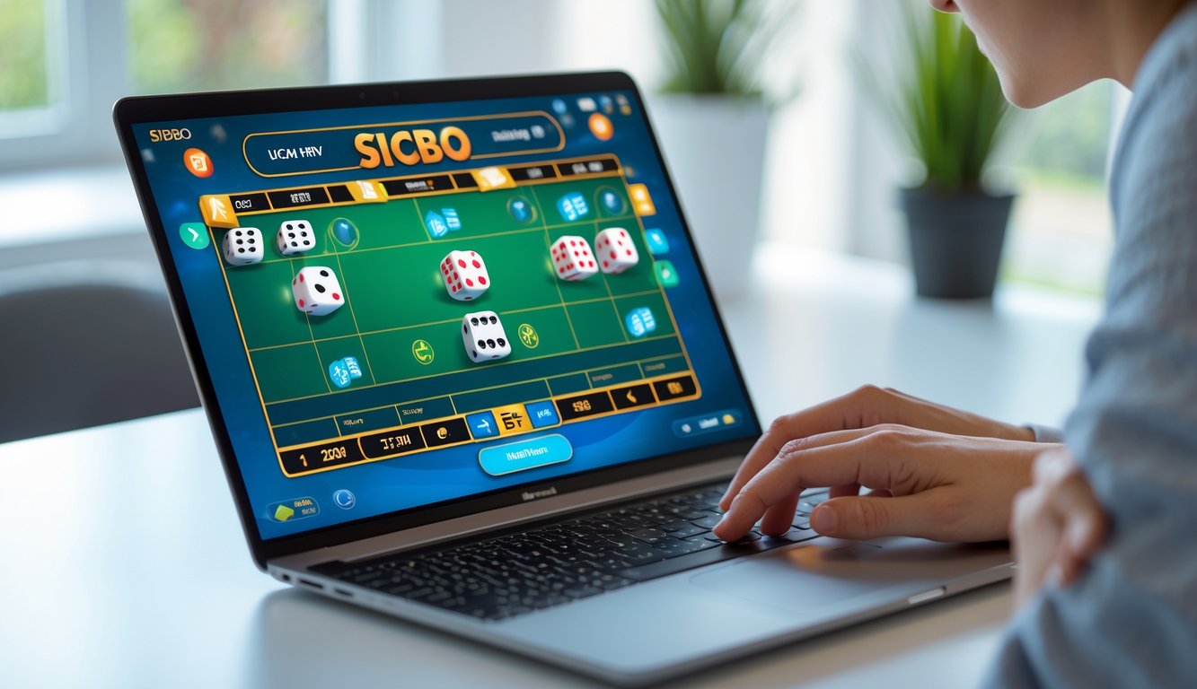 Seorang pemain sedang menggunakan laptop untuk bermain permainan Sicbo online dengan antarmuka permainan yang terlihat jelas.