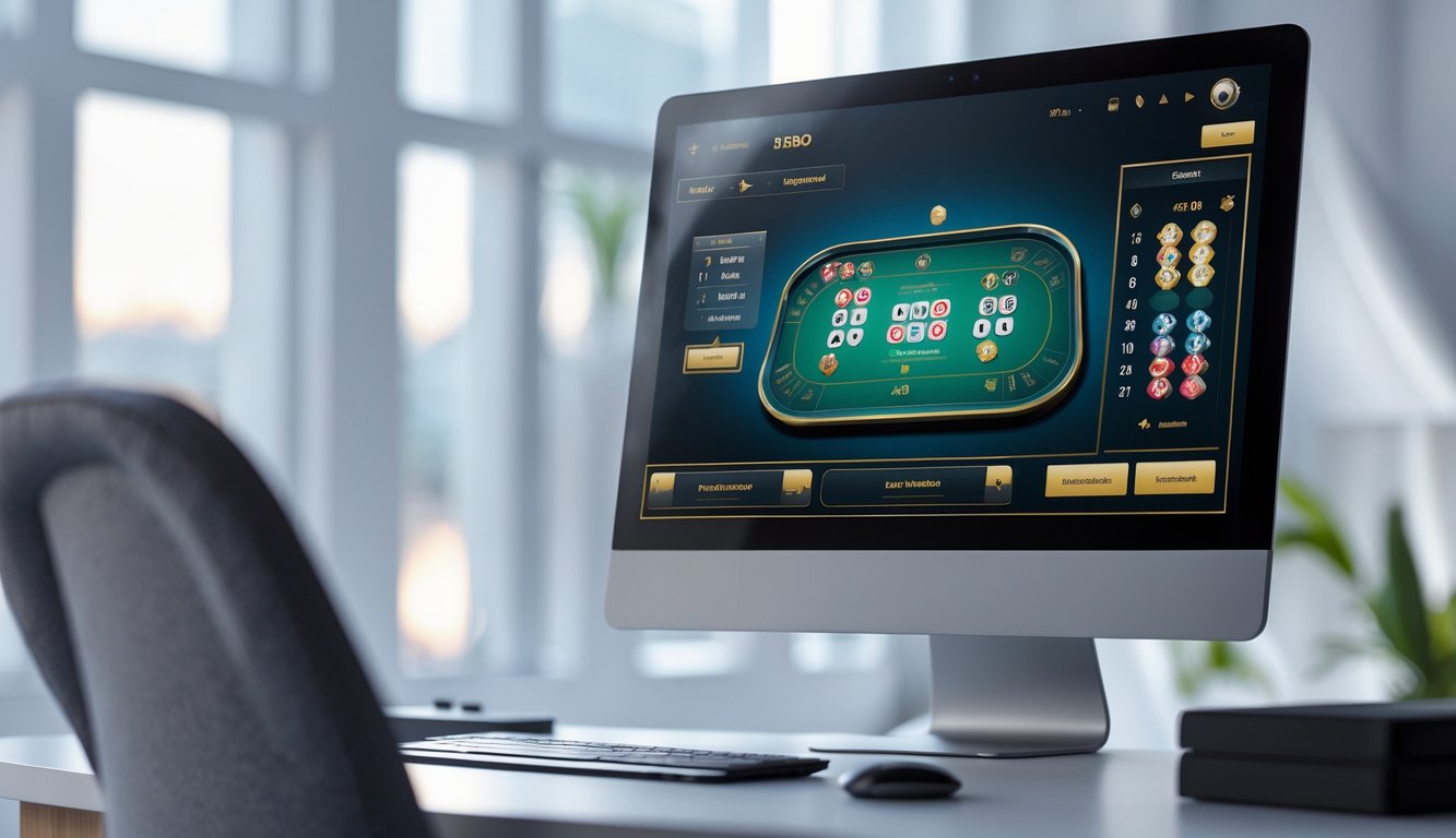 Tampilan meja permainan Sicbo online dengan dadu digital di layar komputer di ruang kerja yang rapi dan terang.