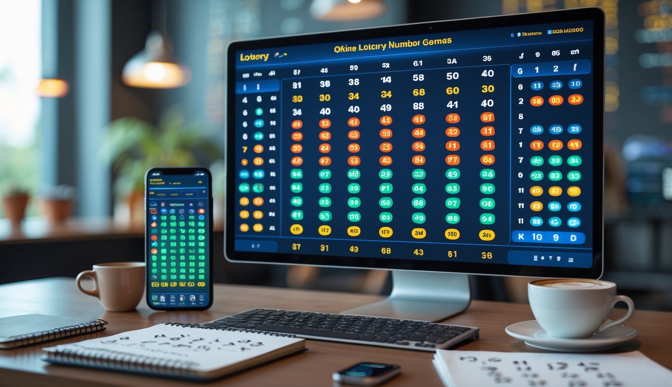 Meja kerja dengan komputer dan ponsel yang menampilkan kombinasi angka untuk permainan togel online.