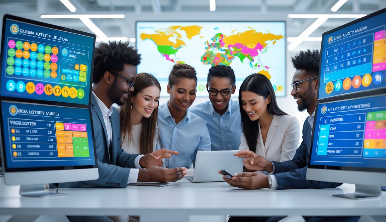 Sekelompok orang beragam sedang menggunakan perangkat digital dengan layar yang menampilkan berbagai pasar lotere dunia dalam sebuah kantor modern.