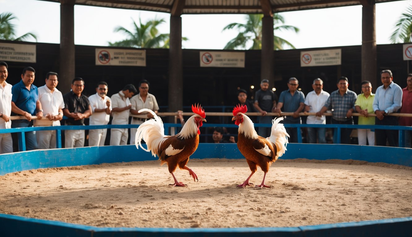 Dua ayam bertarung di arena resmi dengan penonton mengamati sekitar.
