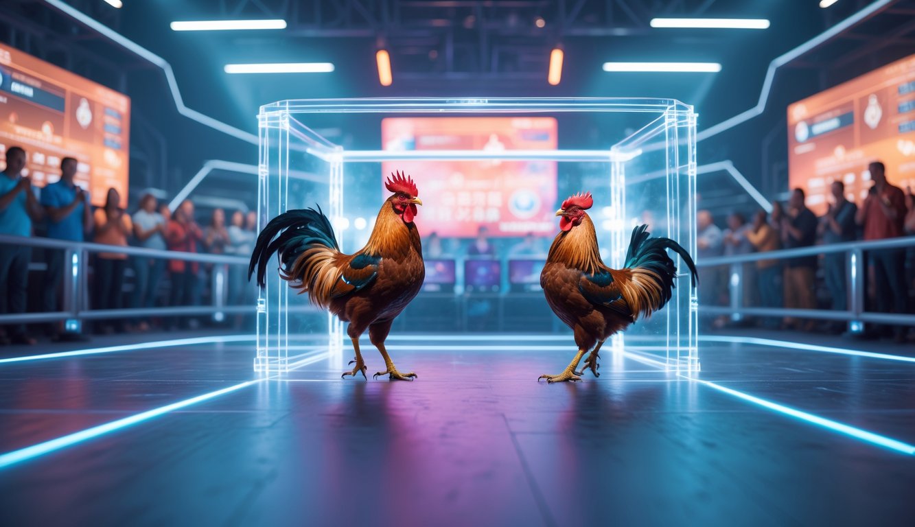 Arena sabung ayam modern dengan dua ayam jago siap bertarung di tengah, dikelilingi oleh layar digital dan penonton yang memperhatikan dengan serius.