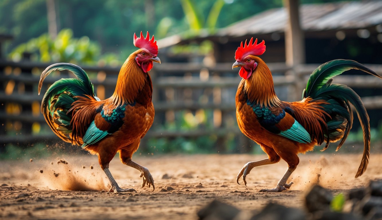 Dua ayam aduan sedang bertarung di luar ruangan dengan latar belakang pedesaan.