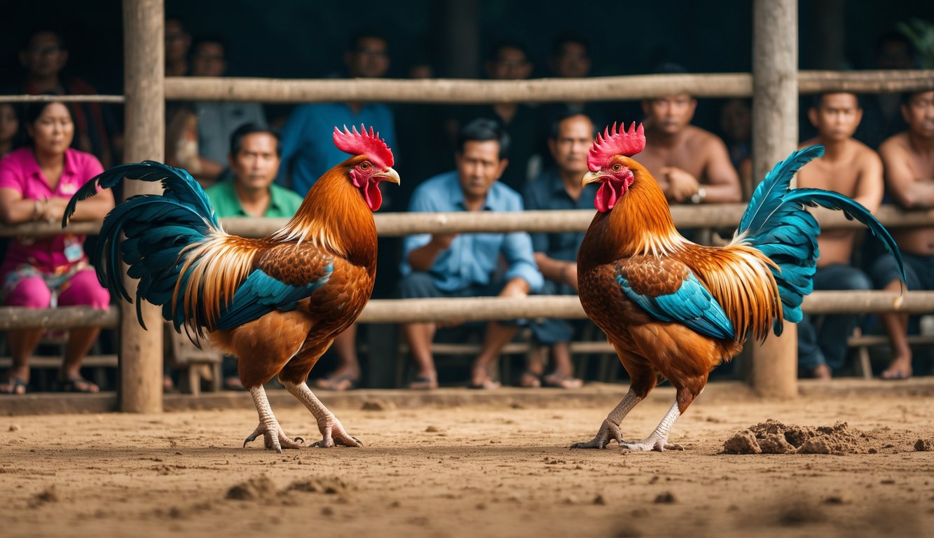 Dua ayam jago sedang bertarung di arena tradisional dengan penonton yang memperhatikan dengan serius.