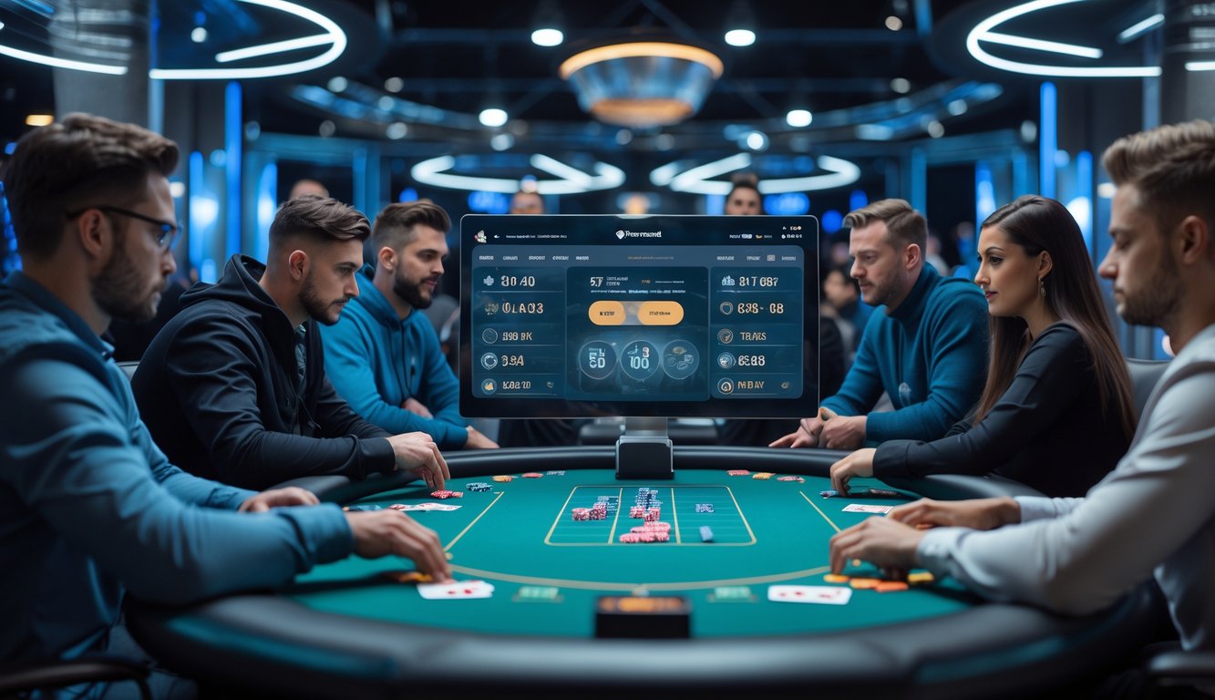 Meja poker modern dengan beberapa pemain fokus bermain dalam suasana kompetitif dan teknologi tinggi.