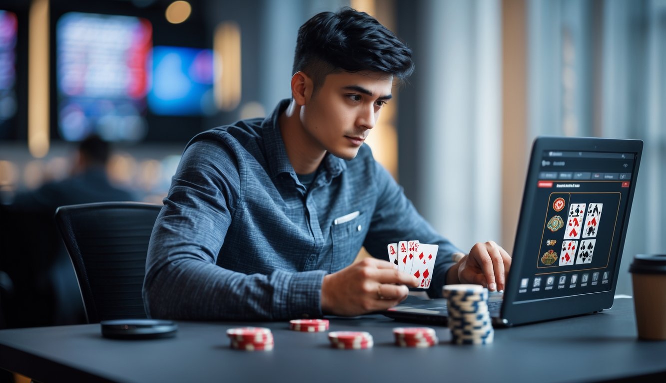 Seorang pemain poker muda yang fokus duduk di depan laptop dengan kartu dan tumpukan chip poker di meja.