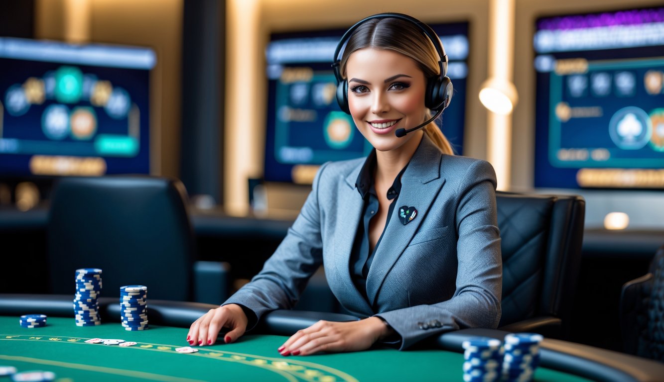 Seorang dealer poker profesional duduk di meja poker dengan peralatan permainan online di studio modern.