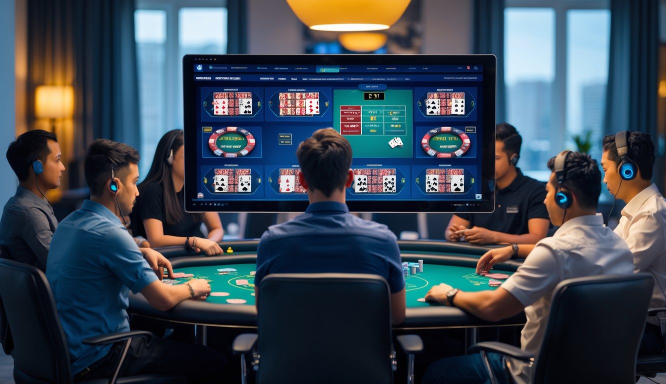 Beberapa pemain sedang bermain poker online di komputer dengan beberapa meja poker digital yang terlihat di layar.