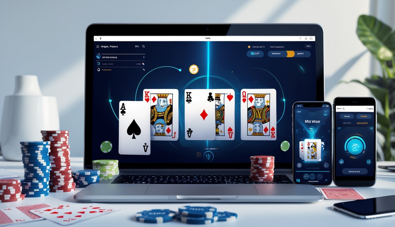 Beberapa perangkat menampilkan permainan poker online dengan tumpukan chip dan kartu di atas meja kerja yang rapi.