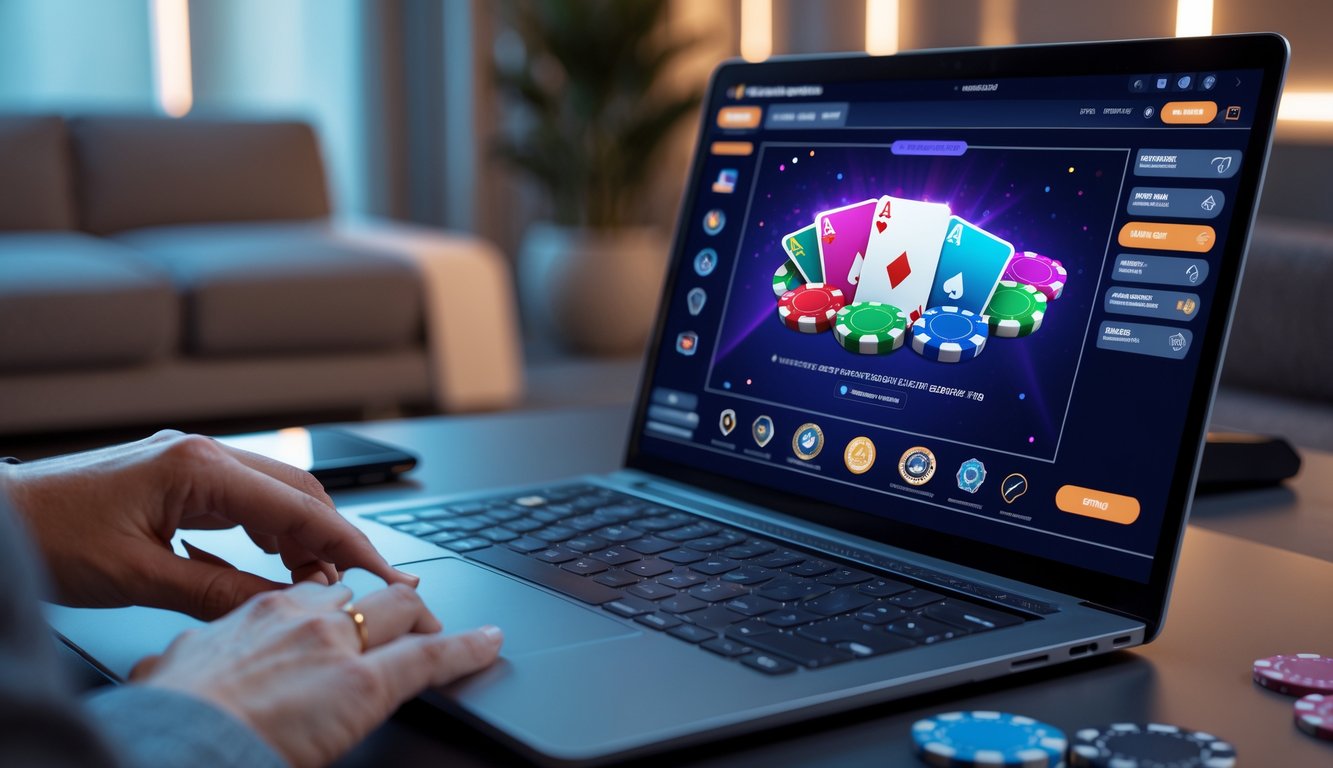 Seseorang sedang bermain poker online di komputer dengan tumpukan chip dan kartu di layar dalam ruangan yang terang dan modern.