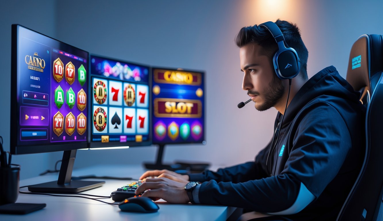 Seorang pemain serius sedang menggunakan komputer dengan beberapa layar menampilkan permainan judi online di sebuah ruangan gaming modern.