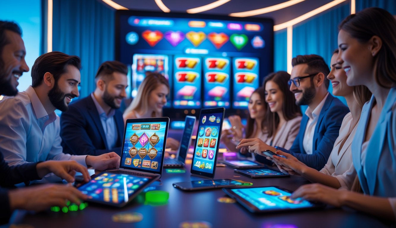 Sejumlah orang menggunakan perangkat digital untuk bermain permainan judi online di sebuah ruangan modern yang terang.