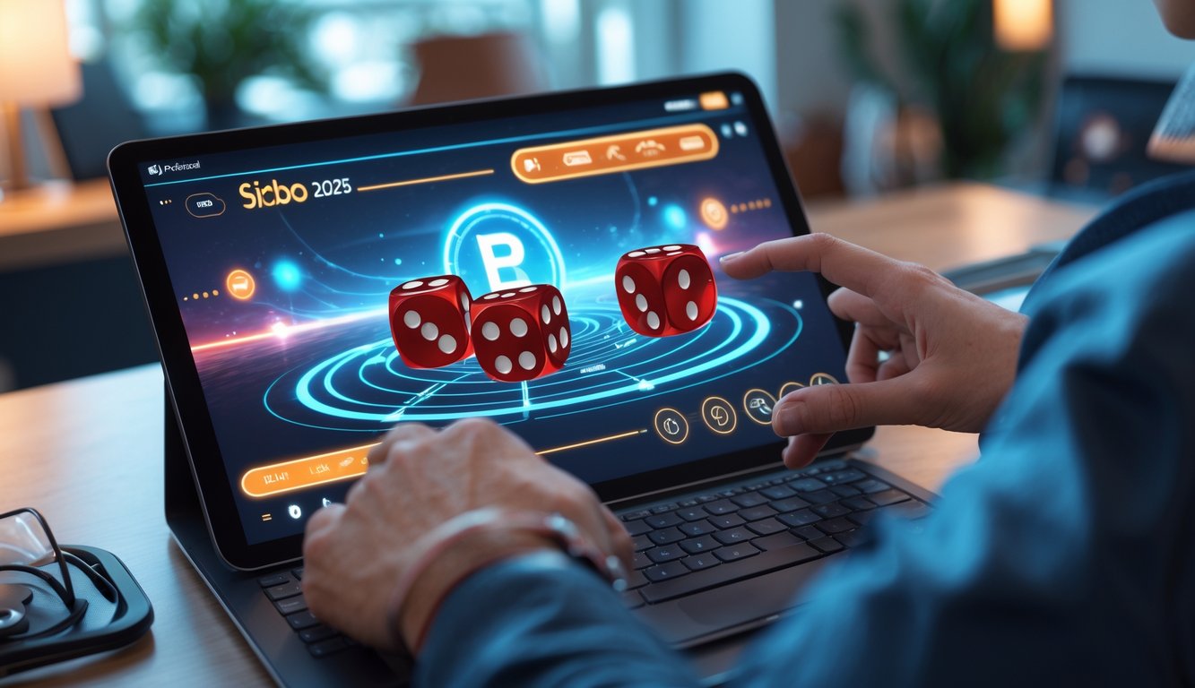 Seseorang bermain permainan Sicbo online dengan tiga dadu merah terlihat di layar perangkat digital.