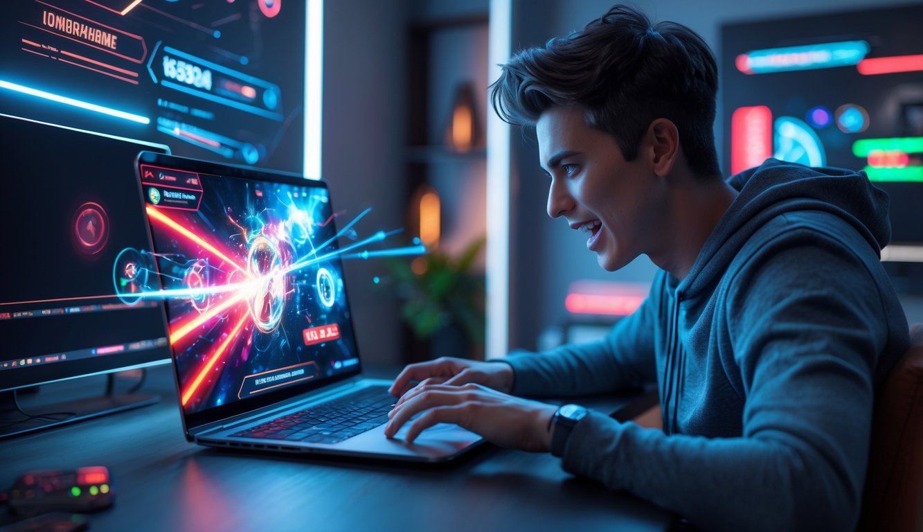 Seorang dewasa muda sedang bermain judi online menggunakan laptop di ruangan yang nyaman dengan pencahayaan lembut dan elemen teknologi futuristik di latar belakang.