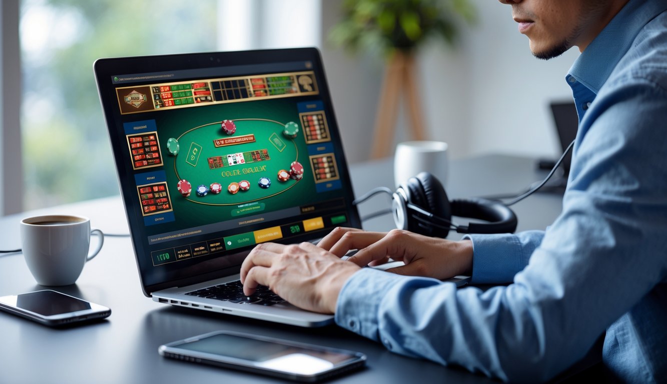 Seorang dewasa muda duduk di meja modern menggunakan laptop dengan tampilan permainan judi online di layar, terlihat fokus dan serius.