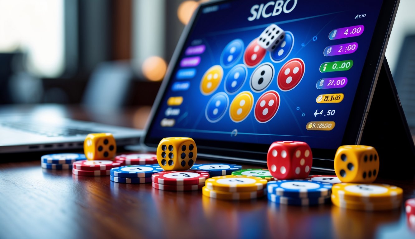 Sebuah perangkat digital menampilkan permainan Sicbo dengan dadu berwarna dan chip taruhan di atas meja kayu.